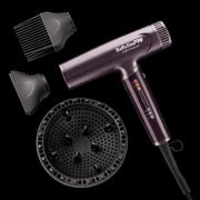 BaBylissPRO hair dryer with attachments on a black background