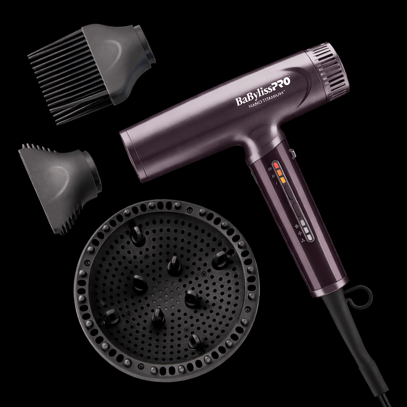 BaBylissPRO hair dryer with attachments on a black background