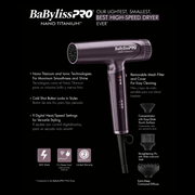 BaBylissPRO Nano Titanium hair dryer with features listed on a black background