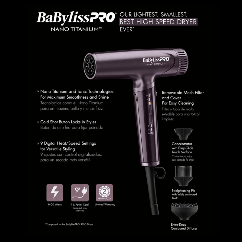 BaBylissPRO Nano Titanium hair dryer with features listed on a black background