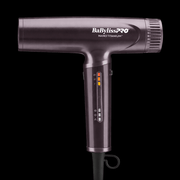 BaBylissPRO hair dryer sideview on a black background showing the digital heat and speed settings 