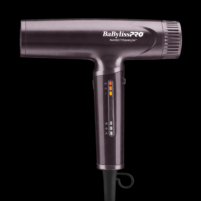 BaBylissPRO hair dryer sideview on a black background showing the digital heat and speed settings 