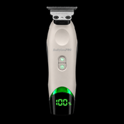 BaBylissPRO x Tomb45 Cordless T-Blade Trimmer Outliner White FXT45TWH front view powered on with green LED battery display