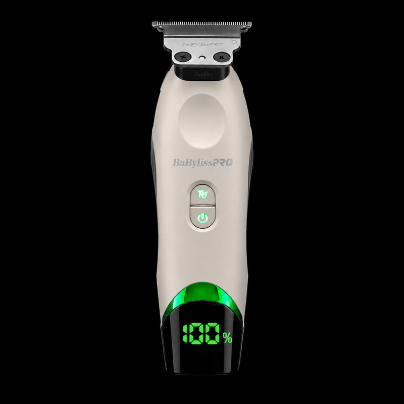 BaBylissPRO x Tomb45 Cordless T-Blade Trimmer Outliner White FXT45TWH front view powered on with green LED battery display