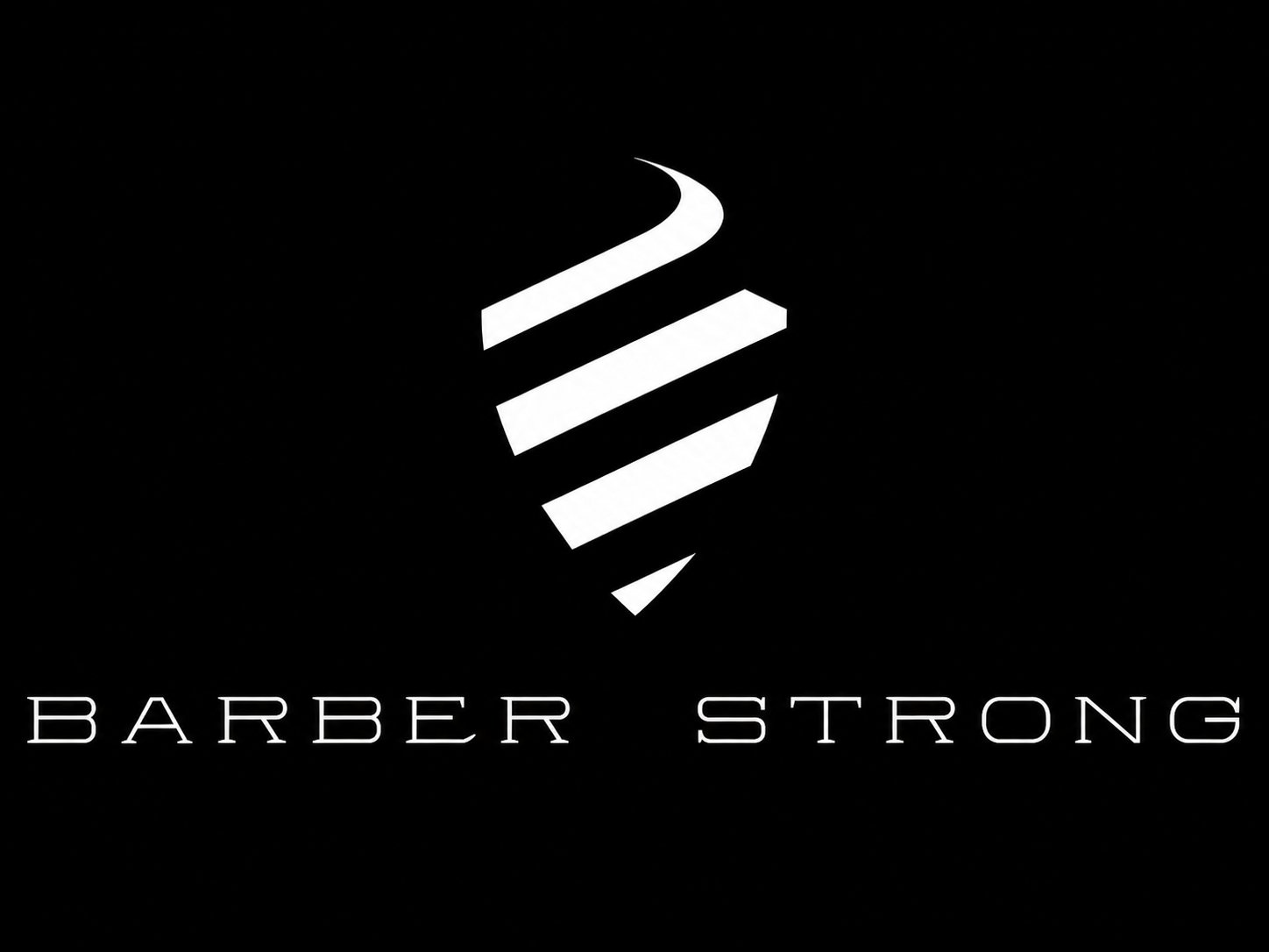 White logo and text 'BARBER STRONG' on a black background