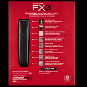 Babyliss Pro FX3 high-speed foil shaver packaging with features listed on a red background