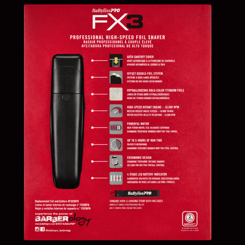 Babyliss Pro FX3 high-speed foil shaver packaging with features listed on a red background