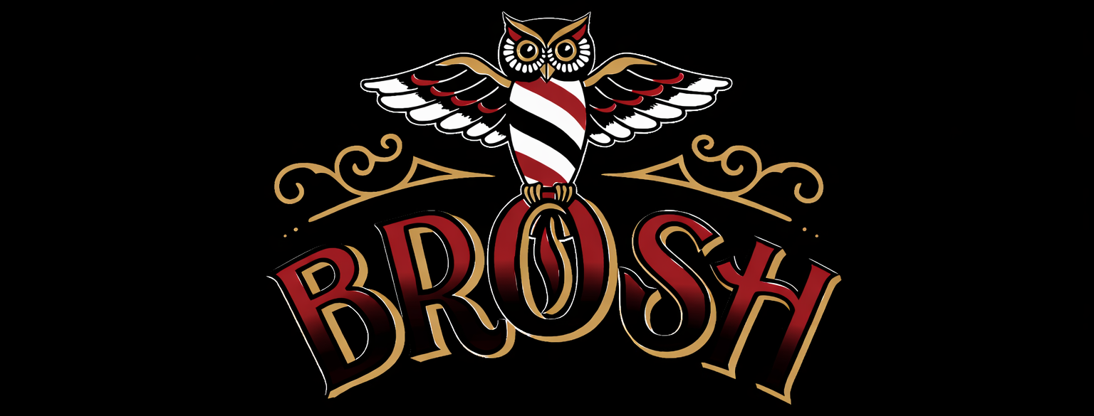 Logo of 'BROSH' with an owl design on a black background