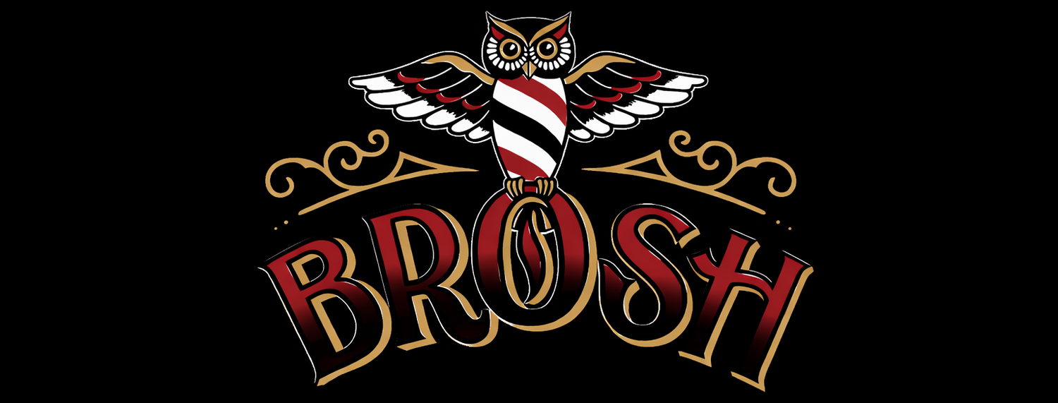 Logo of 'BROSH' with an owl design on a black background