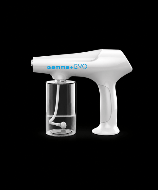 Gamma+ Evo Nano Mister white USB-C rechargeable sprayer with clear water tank, side view