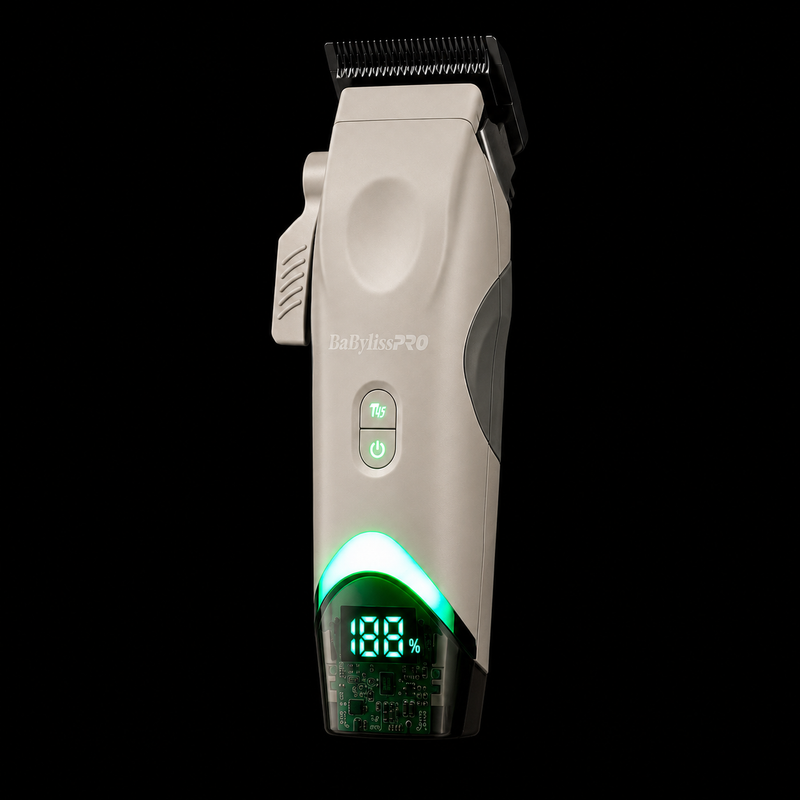 BaBylissPRO Tomb45 Wireless Charging Clipper White FXT45CWH angled view showing ergonomic body design and LED display