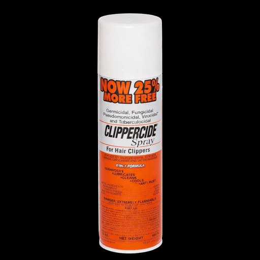 Clippercide spray can with white and orange label on a black background