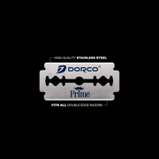 Single Dorco Prime razor blade with features on a black background