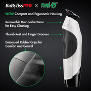 BaBylissPRO x Tomb45 Cordless T-Blade Trimmer Outliner White FXT45TWH feature callout infographic highlighting ergonomic housing and rubber grip