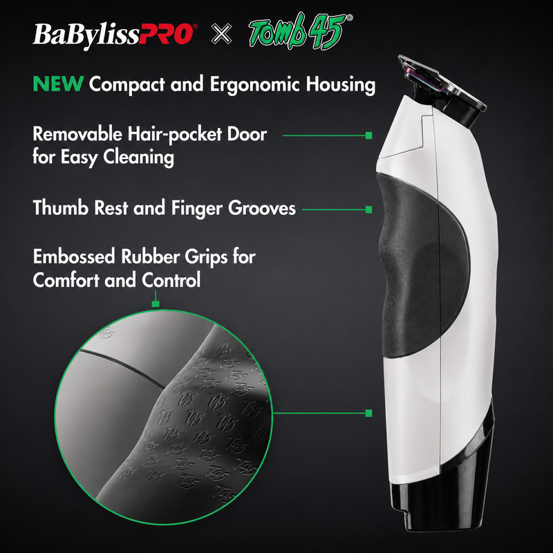 BaBylissPRO x Tomb45 Cordless T-Blade Trimmer Outliner White FXT45TWH feature callout infographic highlighting ergonomic housing and rubber grip