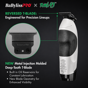 BaBylissPRO x Tomb45 Cordless T-Blade Trimmer Outliner White FXT45TWH feature callout infographic highlighting reversed deep-tooth MIM T-blade for precision lineups