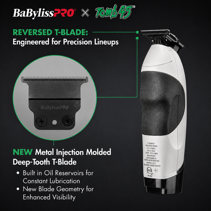 BaBylissPRO x Tomb45 Cordless T-Blade Trimmer Outliner White FXT45TWH feature callout infographic highlighting reversed deep-tooth MIM T-blade for precision lineups