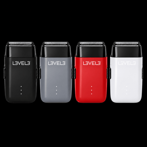 L3VEL3 LV Series 1 single foil shavers in black, grey, red and white with foils exposed