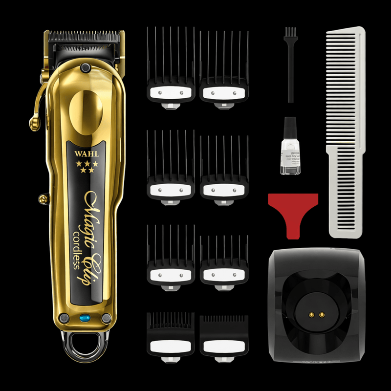 Wahl hair trimmer set with attachments on a black background Primos Barber Supplys