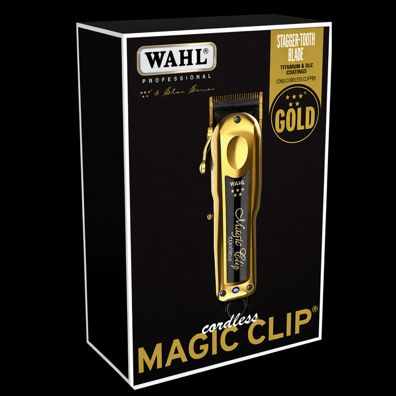 Wahl Magic Clip gold hair clipper packaging with black background Primos Barber Supply