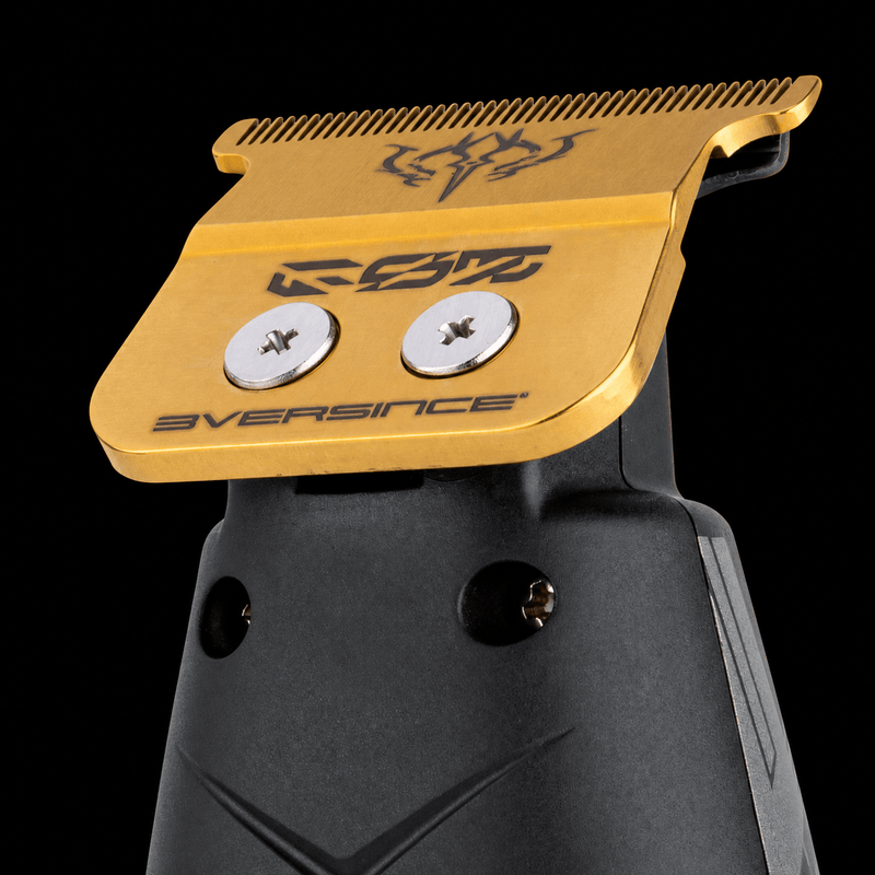 StyleCraft x 3Versince gold ES5 blade with engraved 3Versince logo, close-up