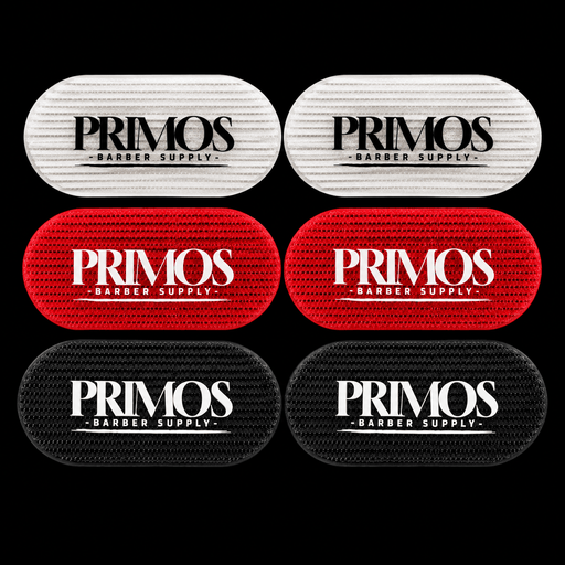 Primo velcro hair grips in white, red and black with Primos Barber Supply logo