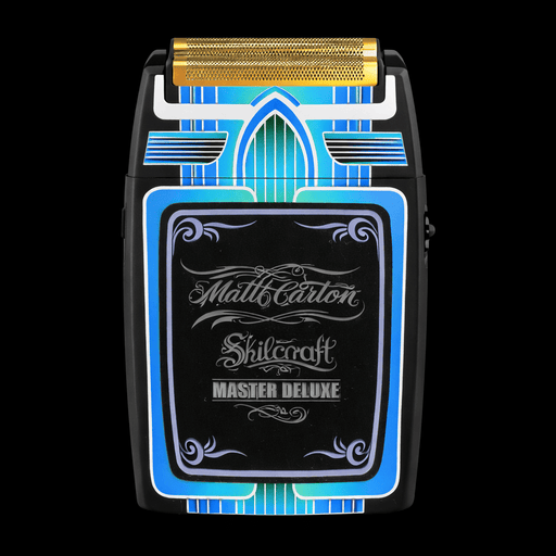 Shillocraft Master Deluxe electric shaver with decorative design on a black background. Primos Barber Supply