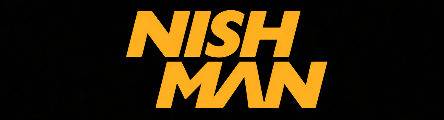 Yellow text 'NISH MAN' on a black background