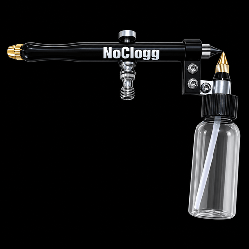NoClogg Pro airbrush sprayer with clear bottle and brass nozzle