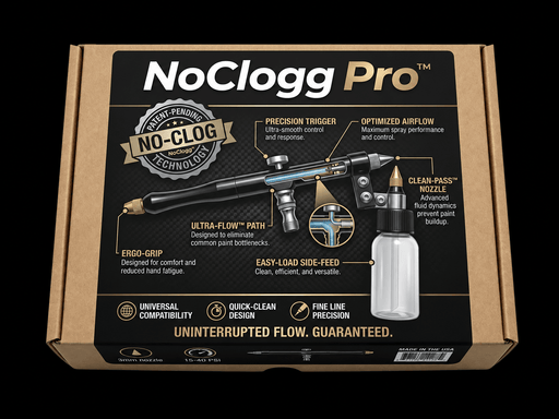 NoClogg Pro airbrush sprayer retail box with feature callouts