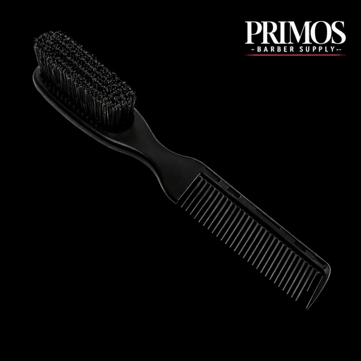 Black brush with bristles and comb on a black background, featuring the Primos Barber Supply logo.