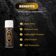 Pro-line oil sheen spray benefits gold text on dark background