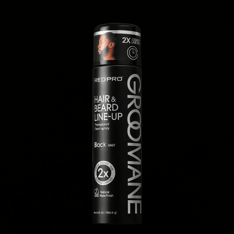 Groomane hair and beard line-up spray can on a black background