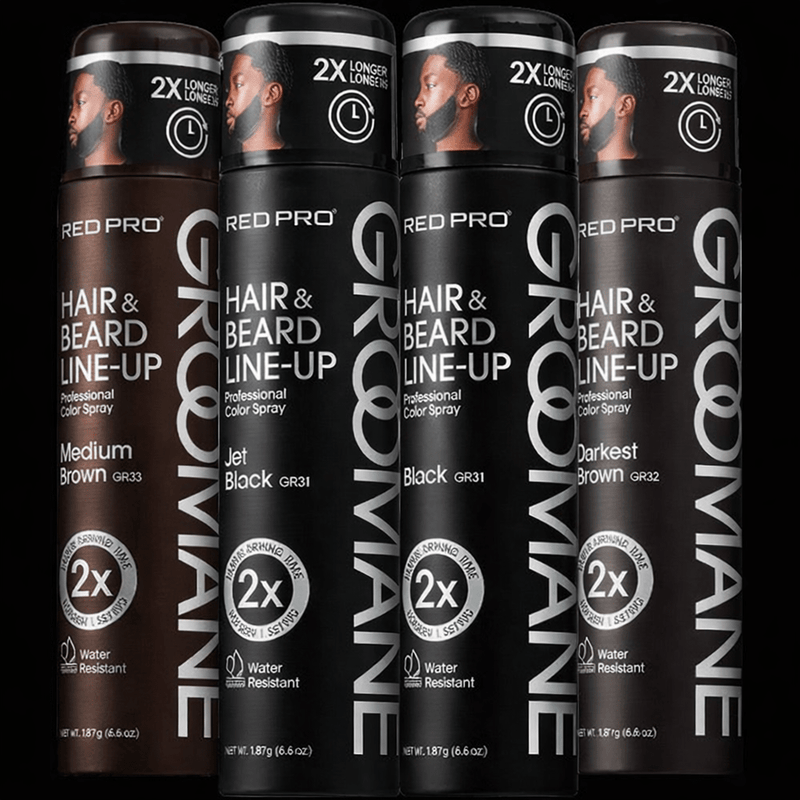 Four bottles of Groovane Hair & Beard Line-Up spray on a black background