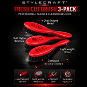 Three red brushes with black bristles on a dark background, labeled as part of a Stylecraft Fresh Cut Brush 3-Pack.