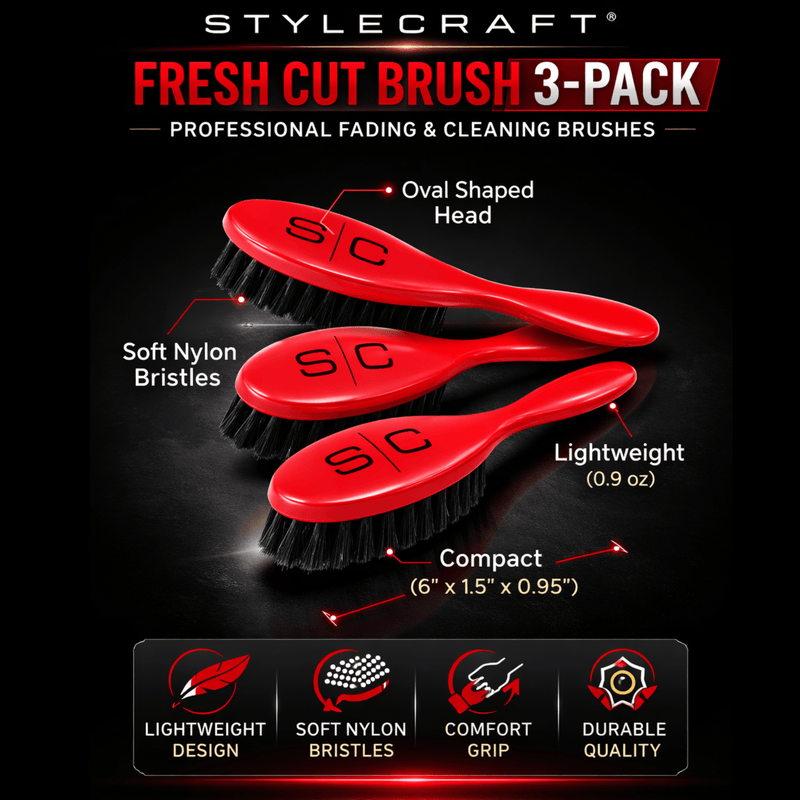 Three red brushes with black bristles on a dark background, labeled as part of a Stylecraft Fresh Cut Brush 3-Pack.