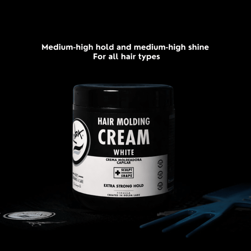 Rolda Hair Molding Cream White Withe floating words description Primos Barber Supply