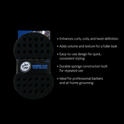 Black hair styling sponge with brand logo and product features on a black background