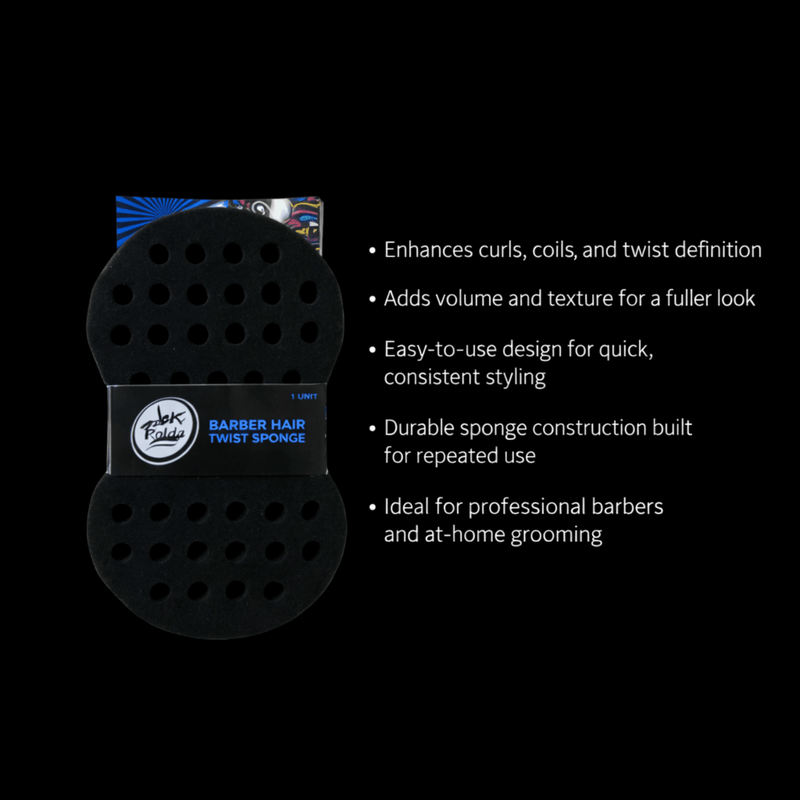 Black hair styling sponge with brand logo and product features on a black background