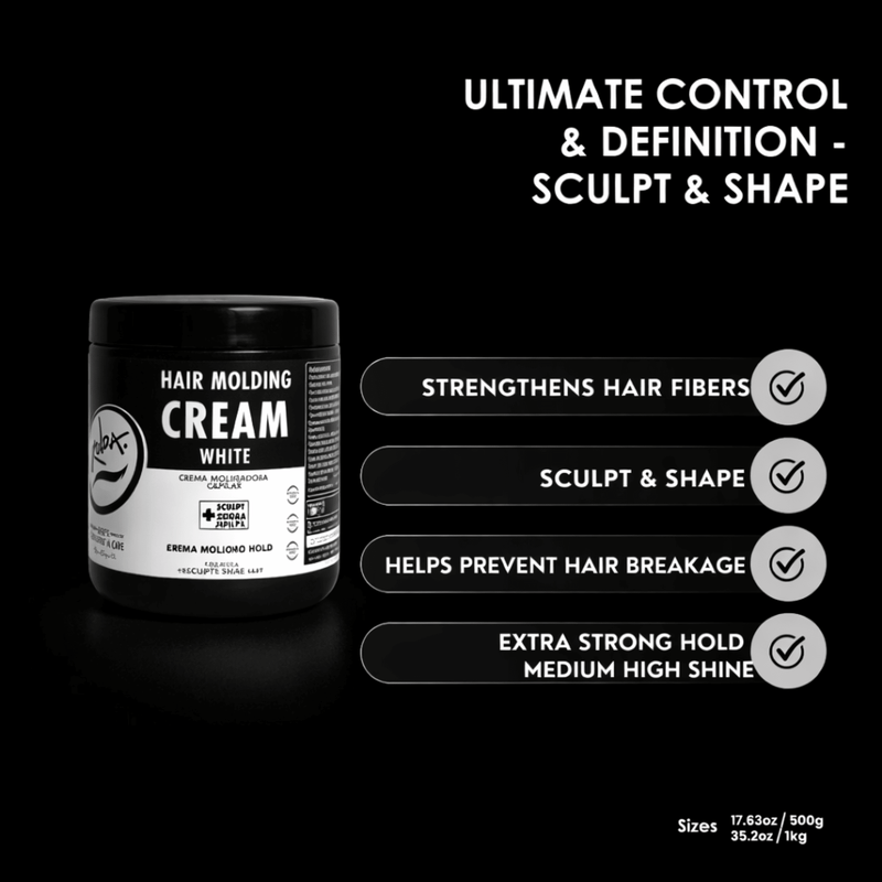Rolda Hair Molding Cream White With Descriptions To The Right In Black Backgrounds