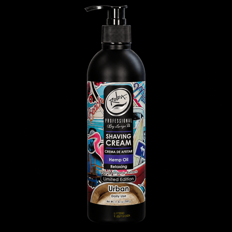 Rolda Professional Shaving Cream Hemp Oil Urban Limited Edition shaving cream bottle available at Primos Barber Supply