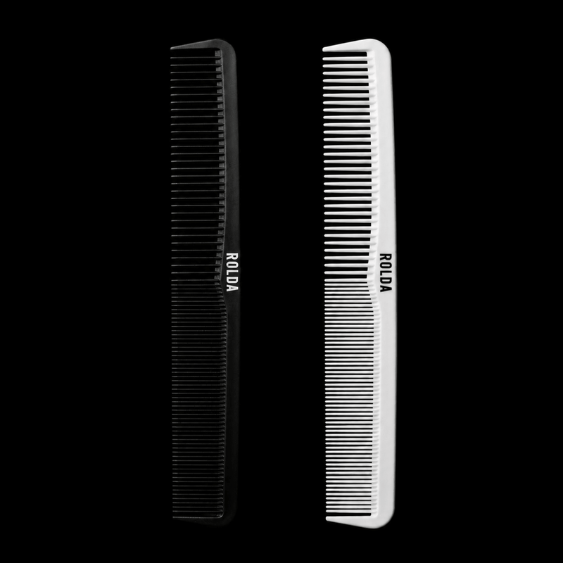Two combs, one black and one white, with 'ROLDA' branding on a black background.