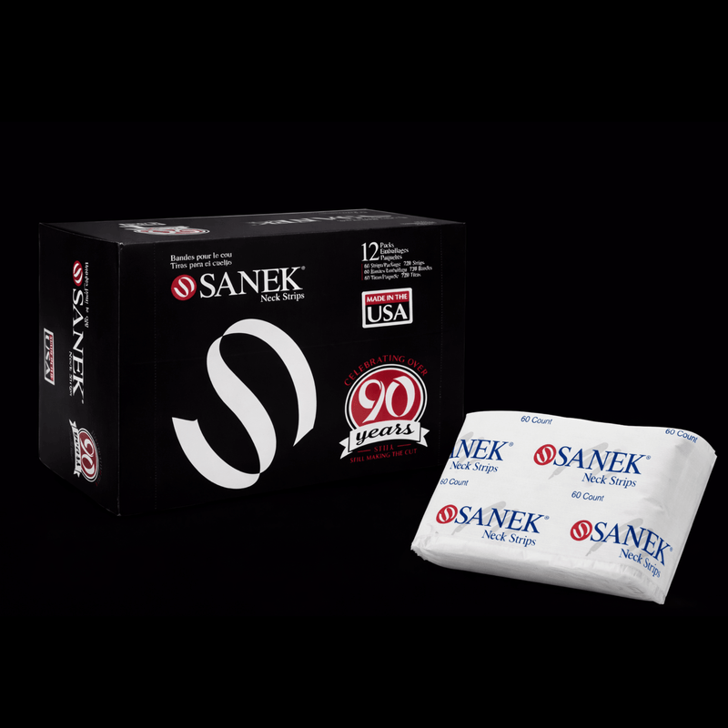 Sanek neck strips packaging with a black background