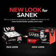 Comparison of old and new packaging designs for Sanek neck strips on a black background.
