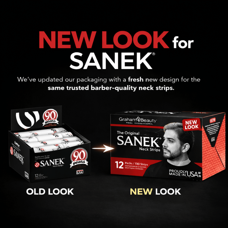 Comparison of old and new packaging designs for Sanek neck strips on a black background.