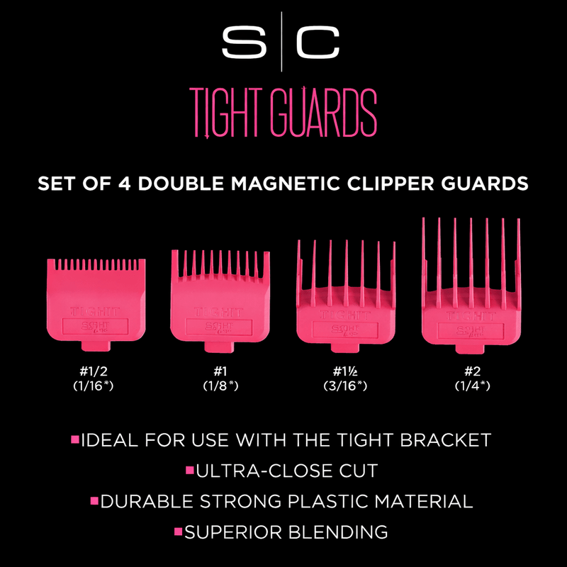 Set of 4 stylecraft double magnetic clipper guards with specifications on a black background