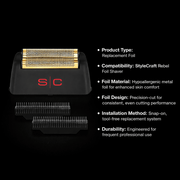 Replacement foil for StyleCraft Rebel Foil Shaver with product details on a black background