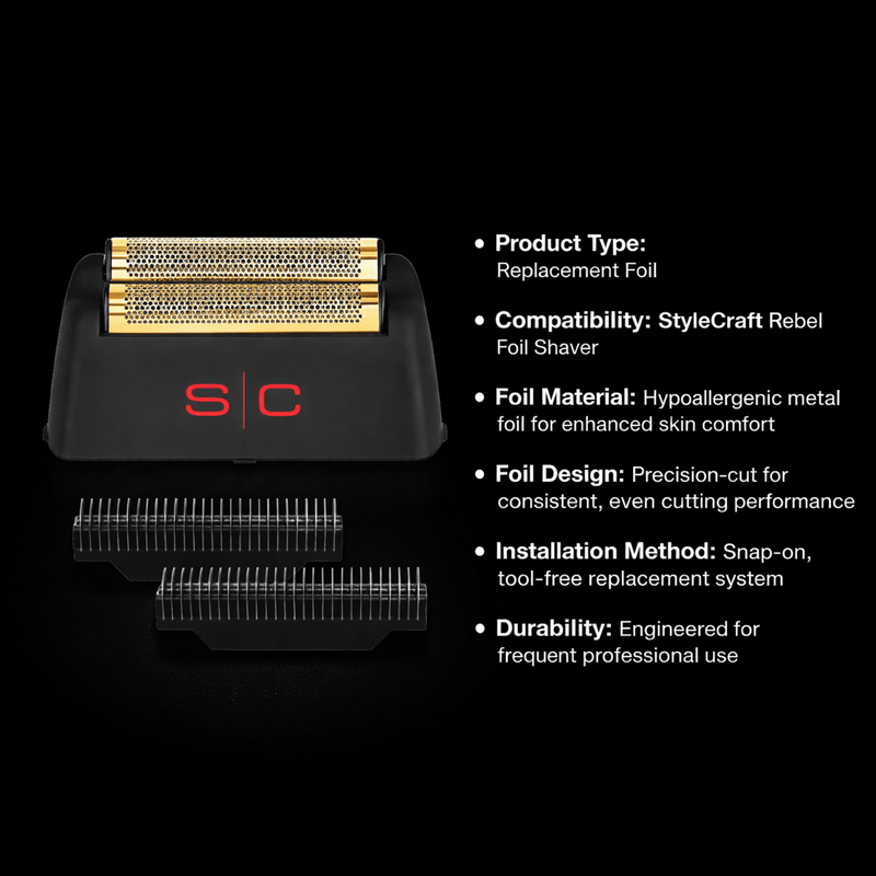 Replacement foil for StyleCraft Rebel Foil Shaver with product details on a black background