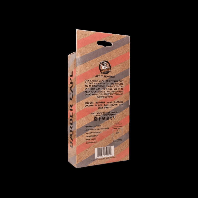 Back packaging of red Suavecito cape on a black background Primos Barber Supply