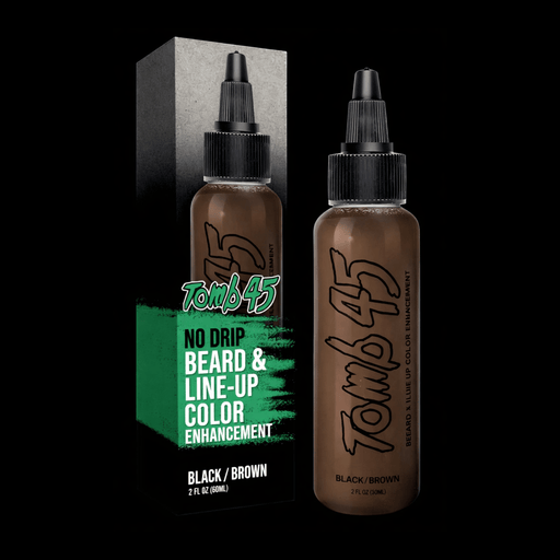 Tomb45 enhancement bottle with black brown liquid on a black background Primos Barber Supply